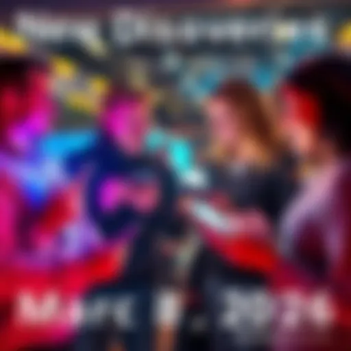 A group of people discussing recent news and discoveries, with excited expressions and digital devices in hand.