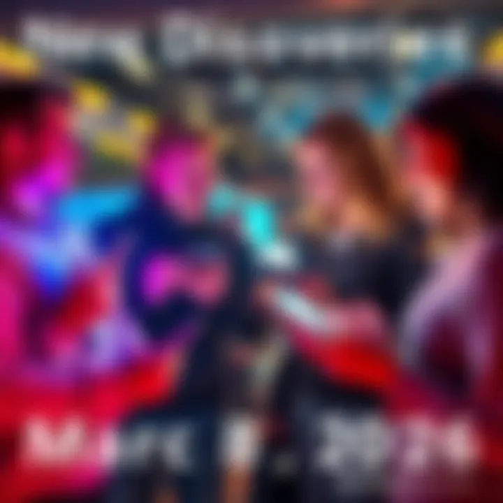 A group of people discussing recent news and discoveries, with excited expressions and digital devices in hand.