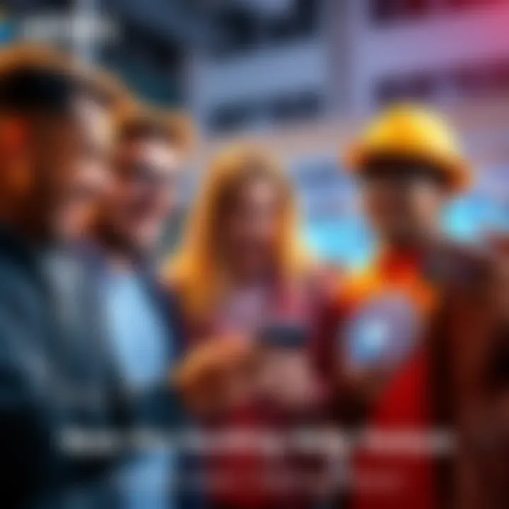 A group of diverse people excitedly discussing a new feature on their devices, showcasing different technologies and applications.