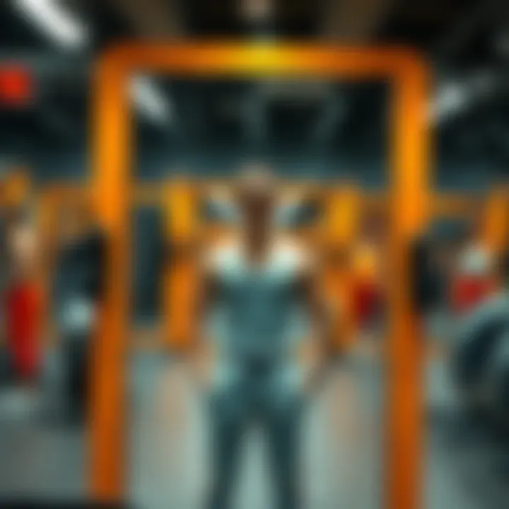 A person standing in front of a gym mirror, looking unsure while wearing bright workout clothes, showcasing the challenges of choosing gym attire.