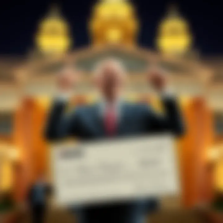 A happy new mayor stands in front of city hall, smiling while holding a large check symbolizing his payout from a hostile takeover.