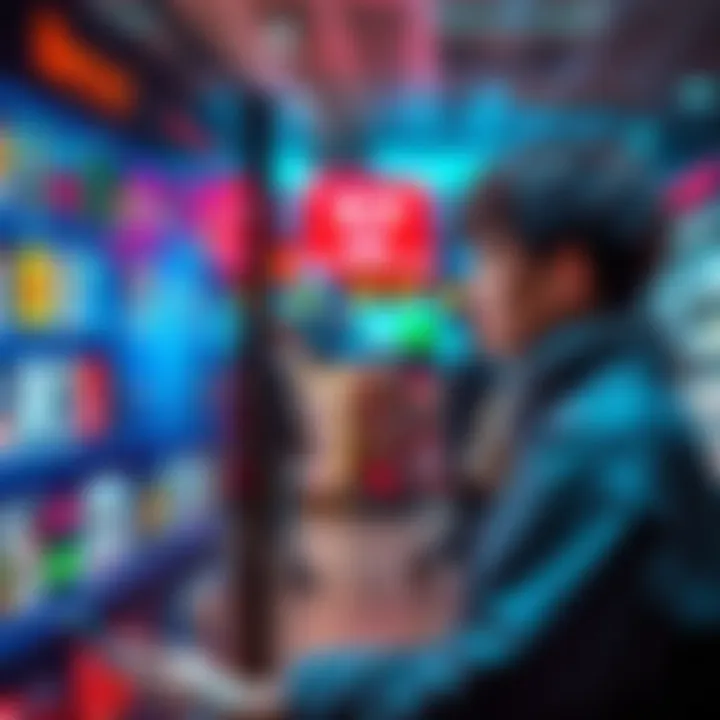A shopper looking at a digital display showing various merchants available in Atlas Shopping program