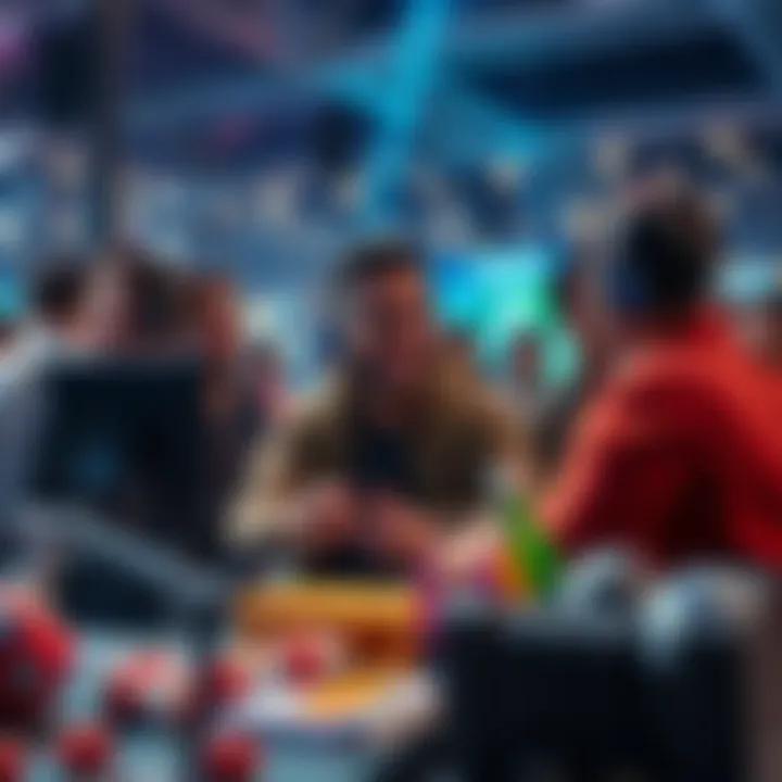 New Player in Auction A new player excitedly discusses strategies for achieving over 10K AB in a competitive auction setting. They are surrounded by fellow gamers, strategizing together in a lively atmosphere.