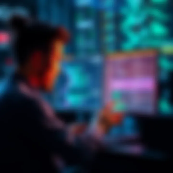 A person interacting with a computer displaying SQL queries related to EVM events, showcasing fast and efficient blockchain data retrieval.