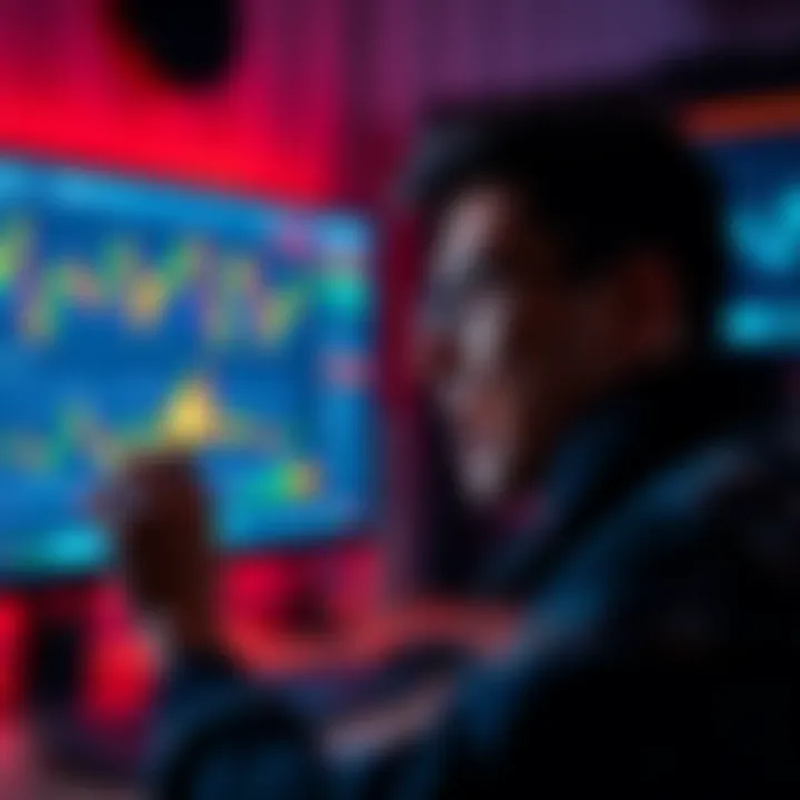 A person looking at a computer screen displaying cryptocurrency charts and Bitcoin symbols, appearing excited and curious about investing.