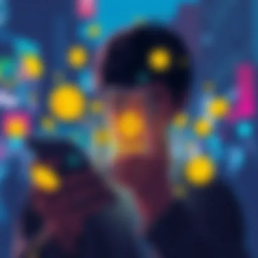 A person looking at a smartphone with the Binance app, surrounded by crypto symbols and asking for guidance from a community.