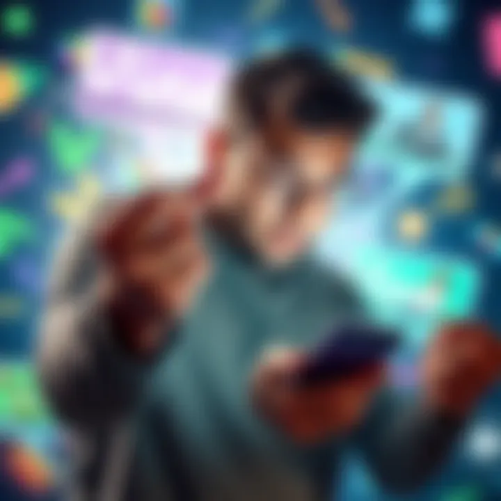 A person looking surprised while scrolling through funny and bizarre content on a smartphone, surrounded by colorful graphics representing various Vine posts.