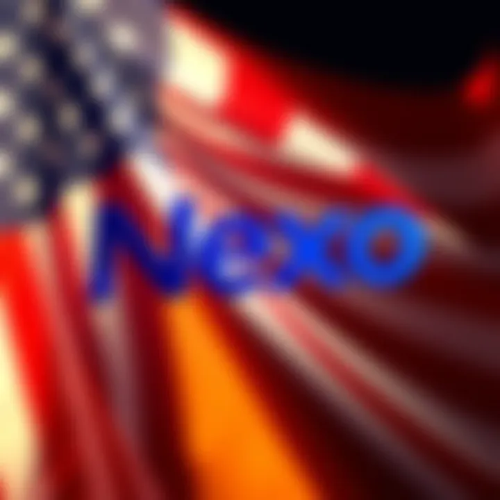 Nexo logo displayed with the US flag in the background, symbolizing its return to the US market.