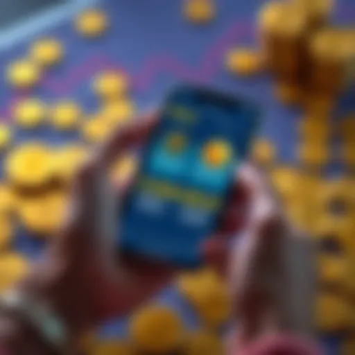 A person holding a smartphone displaying Nexo app with PAX Gold and Tether Gold balances, surrounded by gold coins and a graph showing interest rates