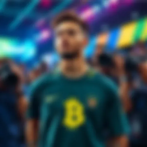 Neymar stands at an event wearing a Satoshi t-shirt, surrounded by fans and cameras