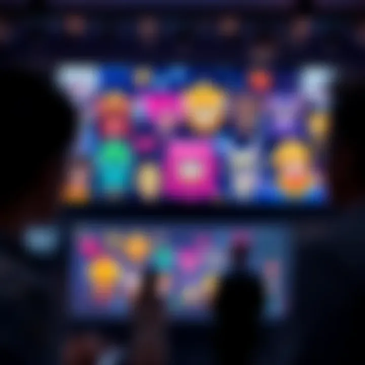 A collection of colorful NFT avatars displayed on a screen, representing various digital art styles, with people discussing their value in the background.