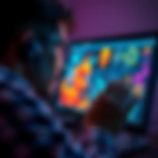 A person looks closely at digital art representing NFTs on a computer screen, showing a focused expression