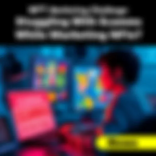 A person examining colorful NFT artwork on a computer while a warning sign about scammers is visible.