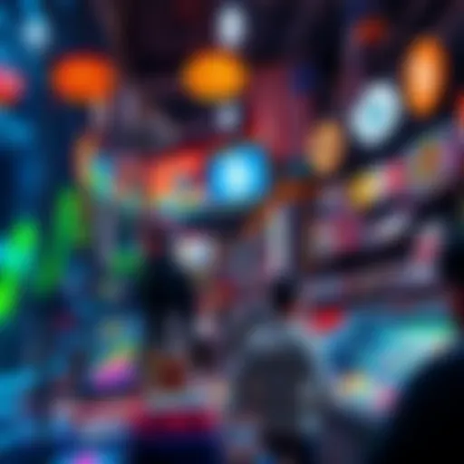 A colorful digital display showcasing various NFTs like art and collectibles in a bustling online marketplace.