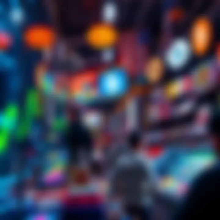 A colorful digital display showcasing various NFTs like art and collectibles in a bustling online marketplace.