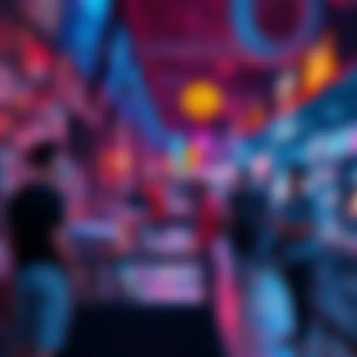 A vibrant NFT marketplace showcasing various digital art pieces, with people discussing and interacting around exclusive experiences and projects.