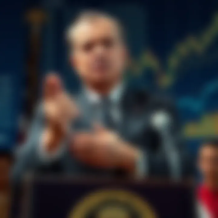 President Nixon speaks to the nation about ending the dollar's convertibility to gold, with a backdrop of financial charts representing economic change.