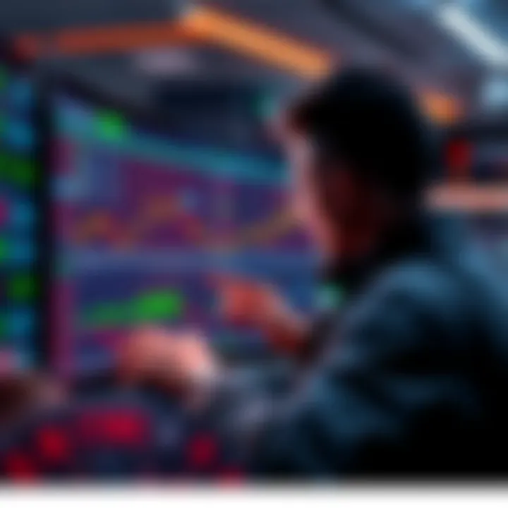 A user interacting with a no-code AI trading interface, placing trades with simple commands displayed on a screen.