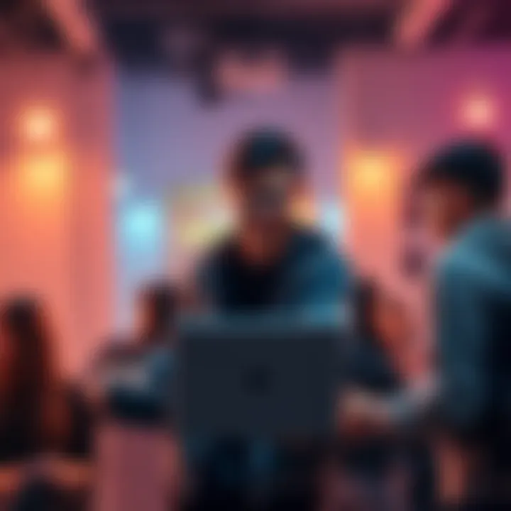 A second-year backend developer from Noida looking for teammates for hackathons, holding a laptop and discussing ideas, in a dynamic team setting