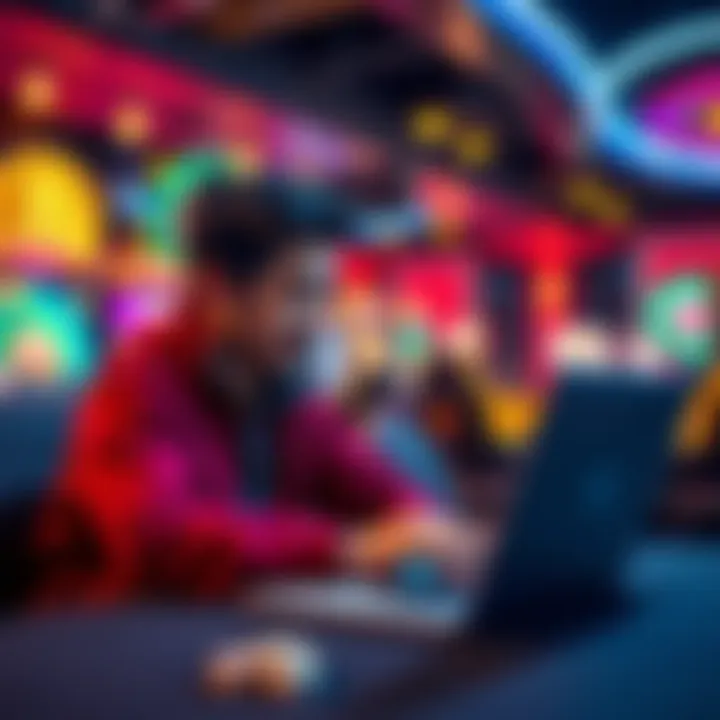 A person playing at a non-KYC crypto casino, enjoying games on a laptop with cryptocurrency symbols in the background.