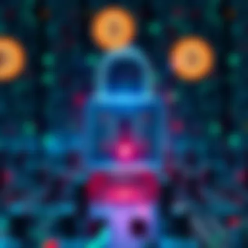 A digital lock representing cybersecurity threats with a background of cryptocurrency symbols, emphasizing North Korea's influence.