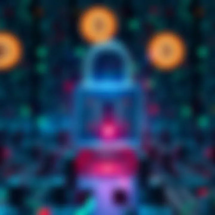 North Korean Cyber Threat A digital lock representing cybersecurity threats with a background of cryptocurrency symbols, emphasizing North Korea's influence.