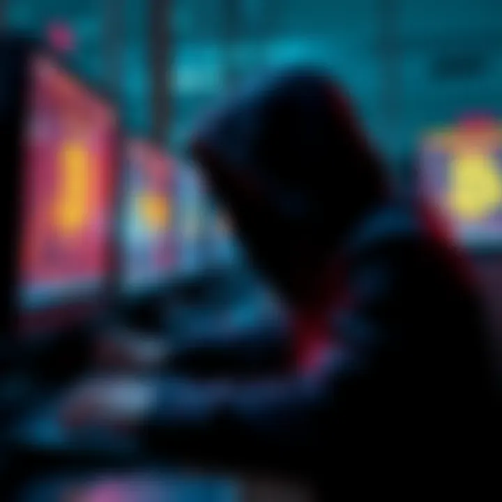 A hooded figure sitting in front of multiple computer screens, typing rapidly, with cryptocurrency symbols displayed on the screens.