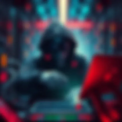 A visual representation of North Korean hackers breaking into a cryptocurrency company system, showcasing digital assets being stolen.