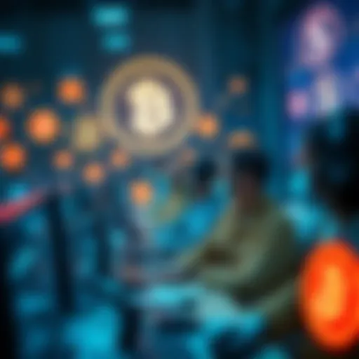 Group of North Korean IT professionals working on computers with cryptocurrency logos in the background