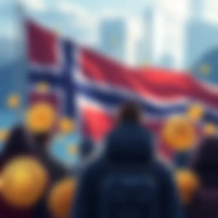Illustration showing Norwegian citizens benefiting from Bitcoin through the Oil Fund, with Bitcoin symbols and Norway's flag in the background