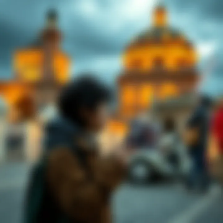 A young person looking at an old photograph in front of a familiar landmark, evoking memories of past experiences