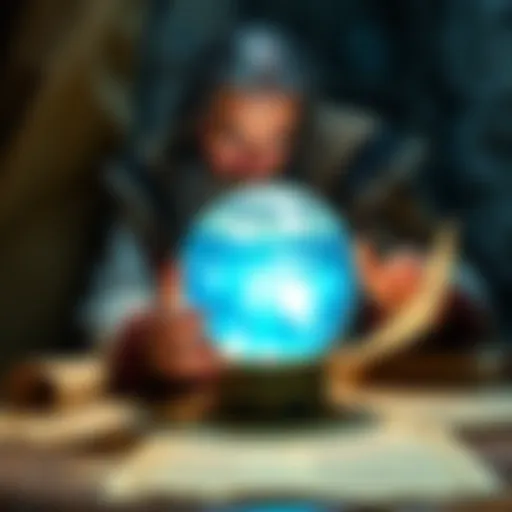 A historical figure resembling Nostradamus gazing into a crystal ball surrounded by ancient texts and scrolls