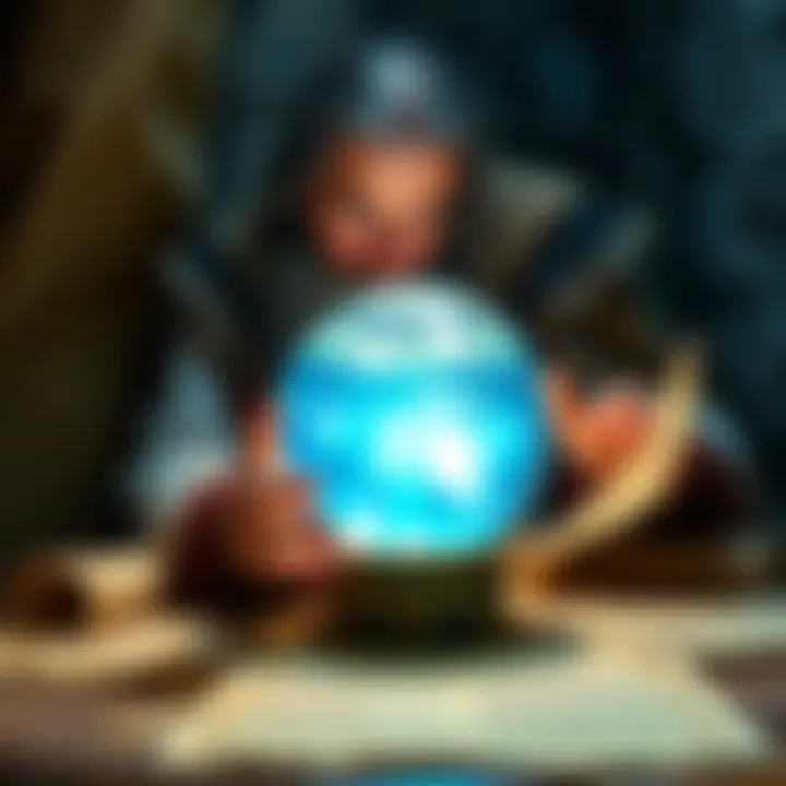 A historical figure resembling Nostradamus gazing into a crystal ball surrounded by ancient texts and scrolls