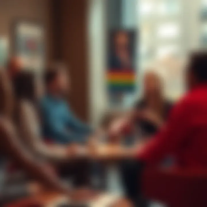 People engaging in a discussion about the #NotACult movement Group of people discussing beliefs and identities related to the #NotACult movement in a casual setting