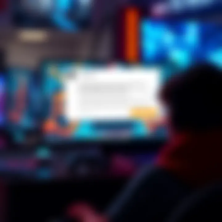 Notification Pop-Up for Gamers A computer screen showing a pop-up message with patch notes after a game update, with a gamer looking at it.