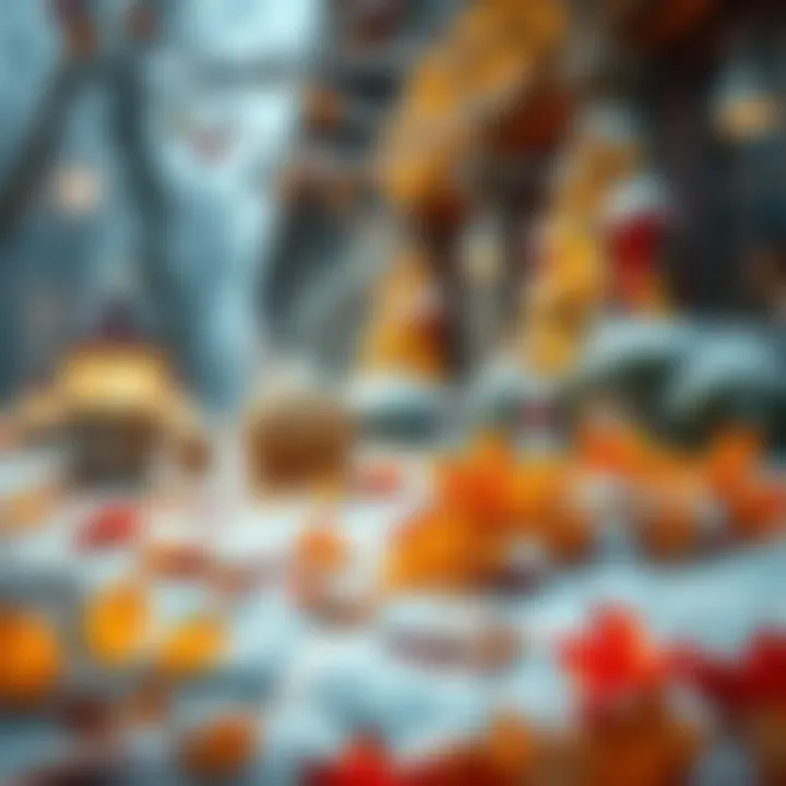 A cozy scene showing fallen leaves and early winter snow, symbolizing the shift from November to December, with holiday decorations in the background.