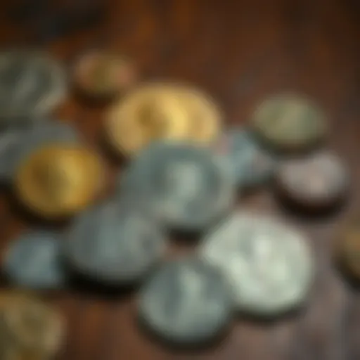 A collection of nummus and Trajan denarius coins displayed on a wooden surface, showcasing their intricate designs and shiny surfaces.