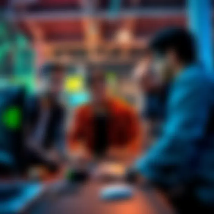 A group of diverse individuals collaborating in a tech workspace, looking for a new teammate for the NVIDIA Hackathon in Bangalore.