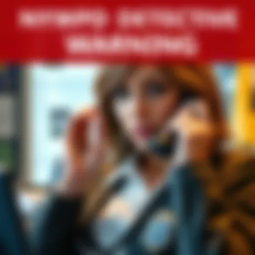 A woman on the phone pretending to be a NYPD detective, looking serious and focused, with an office background.