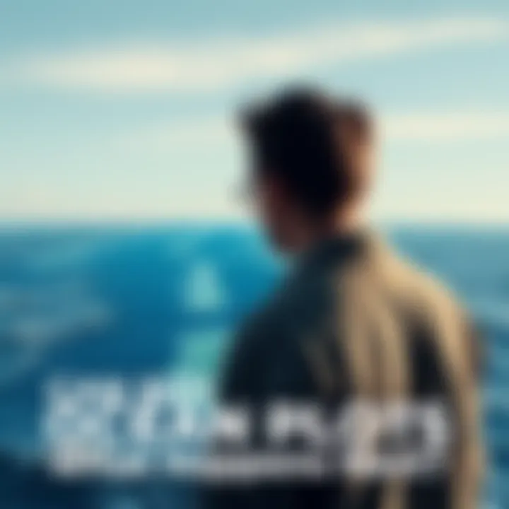 A person examining a map with ocean plots marked for ownership, with waves and a clear sky in the background.