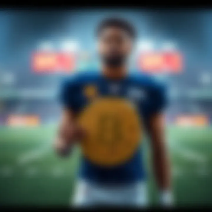 Odell Beckham Jr. standing on a football field holding a Bitcoin symbol, representing his Bitcoin salary investment