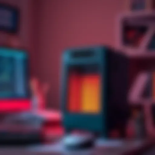 A compact office heater designed to mine Bitcoin while providing warmth, set in a typical office environment with a computer nearby.