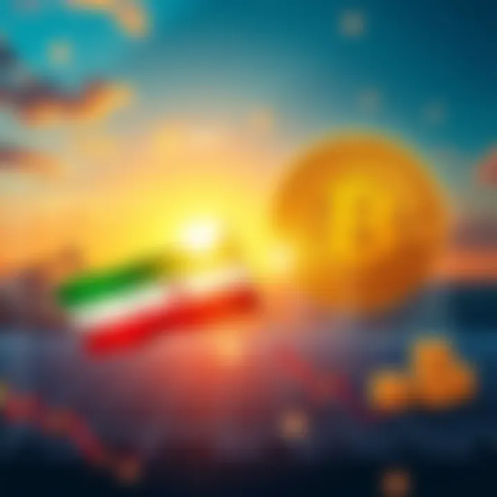 Graph showing rising oil prices and declining Bitcoin value, with flags representing Iran and cryptocurrency symbols