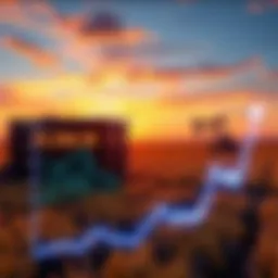 A graph showing rising oil prices alongside Bitcoin mining equipment in a field, illustrating the relationship between oil costs and Bitcoin mining.