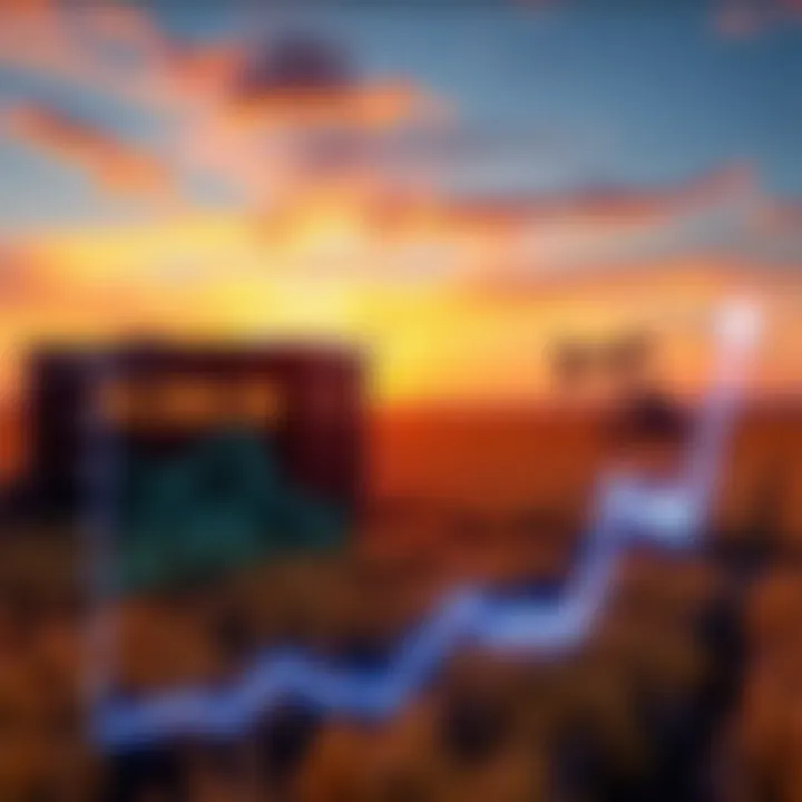 A graph showing rising oil prices alongside Bitcoin mining equipment in a field, illustrating the relationship between oil costs and Bitcoin mining.