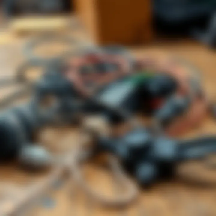 A collection of old, tangled cables resting on a weathered wooden table, evoking feelings of nostalgia and memories from the past.