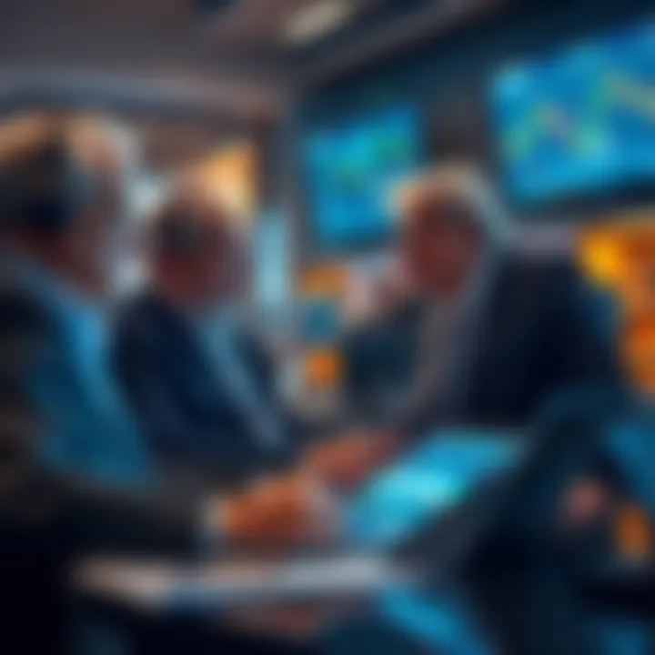 Wealthy individuals reviewing cryptocurrency investments in a modern office setting with digital screens.