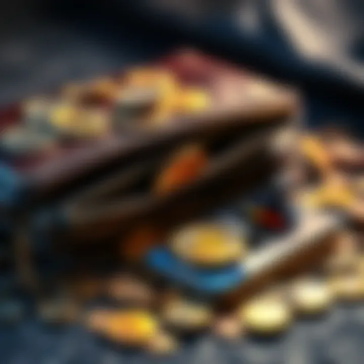 Old wallet with cryptocurrency A close-up of an old wallet filled with coins and a smartphone displaying cryptocurrency values