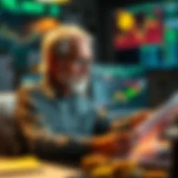 A 63-year-old man sitting at a desk, studying Bitcoin charts and notes, pondering its future.