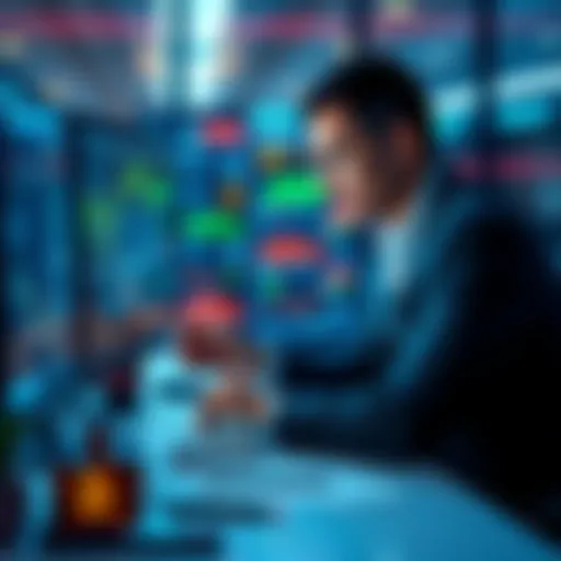 A professional analyzing blockchain data on a computer with graphs and digital currencies displayed, symbolizing a career in crypto investigation.